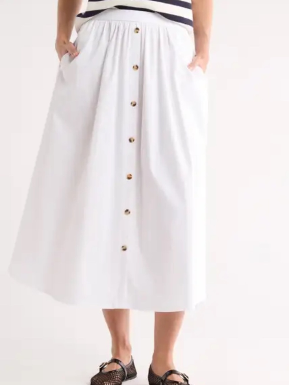 Nordstrom Rack Women's Button Front Poplin A-Line White Midi Skirt Sz S